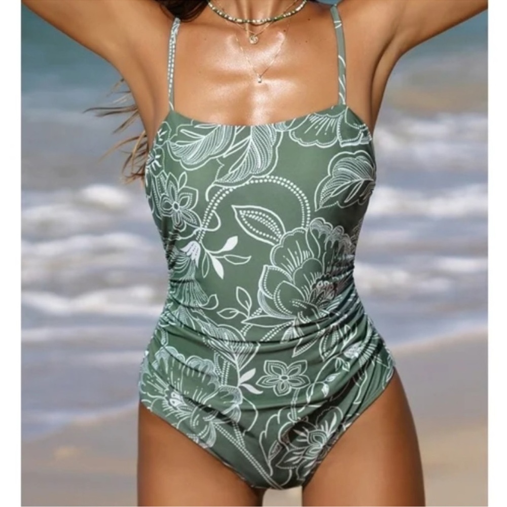 Floral Print Shirred Cutout One Piece Swimsuit - Picture 4 of 13